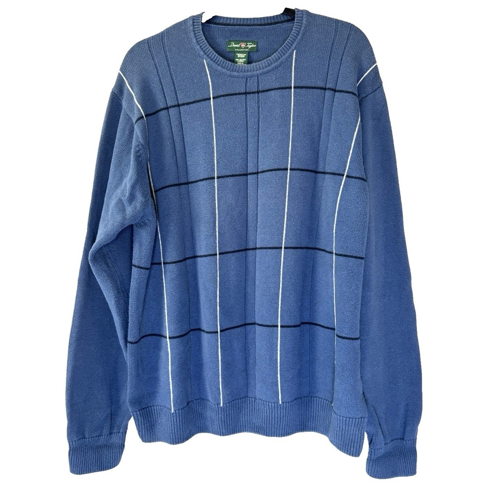 VTG Y2K David Taylor Mens XL Sweater Blue Windowpane Plaid Knit Crewneck Grandpa
